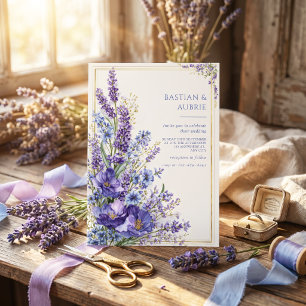 Deep Violet Poppy Romantic Botanical Gold Frame Invitation