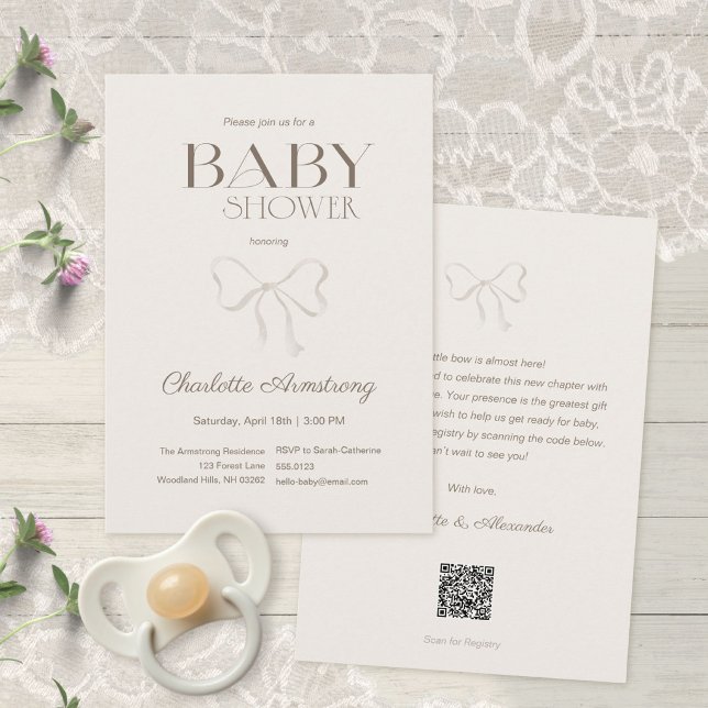 Deep Warm Cream Watercolor Bow Baby Shower Invitation (Deep Warm Cream Watercolor Bow Baby Shower Invitation ©Susanne Sachers - Sunny Mind 🌞)
