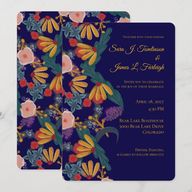 Deep Wildflower Garden Illustrated Wedding Invitation (Front/Back)