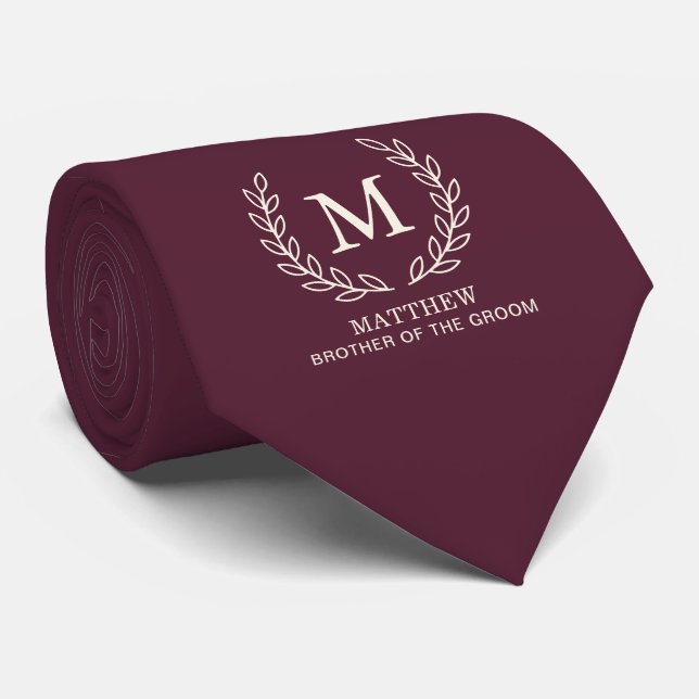 Deep Wine Brother of the Groom Monogram Wedding Tie (Rolled)