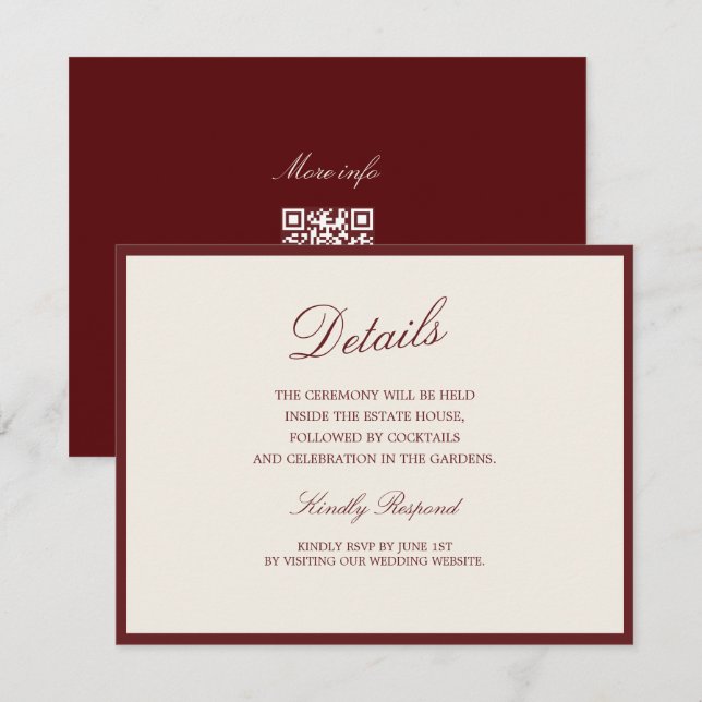 Deep Wine Old Money QR Wedding Details Card (Front/Back)