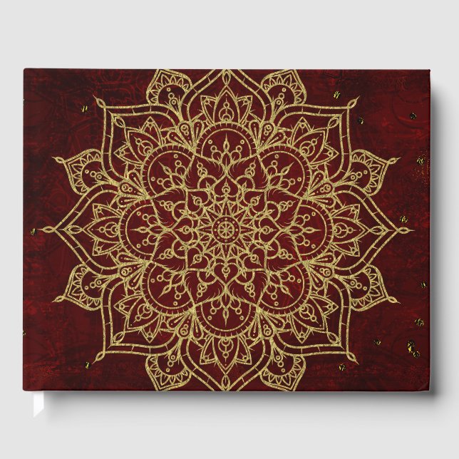 Deep Wine Red Mandala & Gold Glam Modern Chic Guest Book (Front)