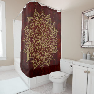 Deep Wine Red Mandala & Gold Glam Modern Chic Shower Curtain