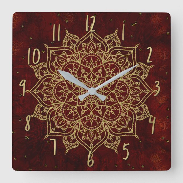 Deep Wine Red Mandala & Gold Glam Modern Chic Square Wall Clock (Front)
