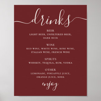 Deep Wine Red Wedding Drinks Menu. Modern Bar Sign