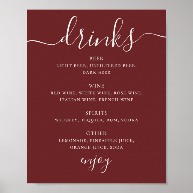 Deep Wine Red Wedding Drinks Menu. Modern Bar Sign (Front)