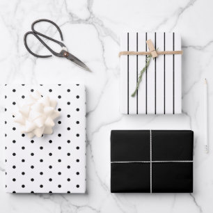 Deepest Black Polka Dot and Striped and Solid Wrapping Paper Sheet