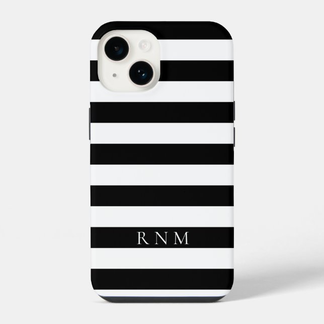Deepest Black Stripes Name or Monogram iPhone 14 Case (Back)