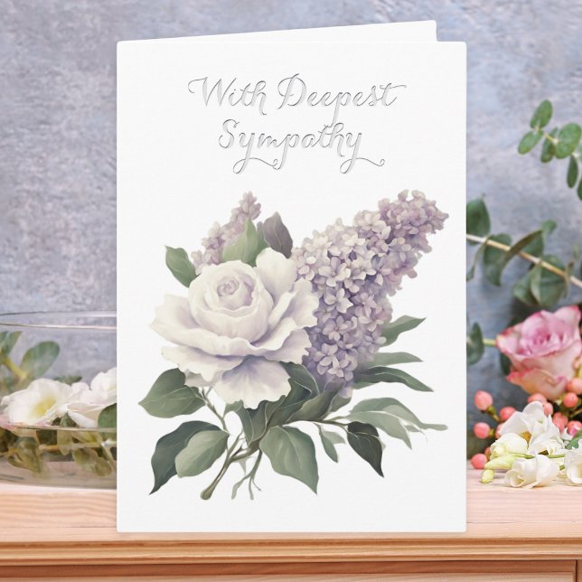 Deepest Sympathy Elegant Floral Blank Inside Card (A sympathy card with a floral design in muted lilac and green and message 'With Deepest Sympathy')