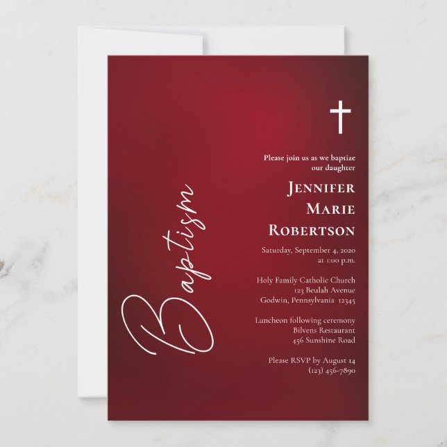 Deeply Rich Red Roman Catholic Baptism Invitation (Front)
