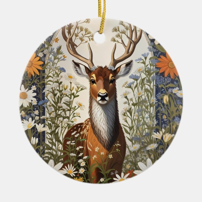 Deer Amid Daisy Flowers  Ceramic Tree Decoration (Front)