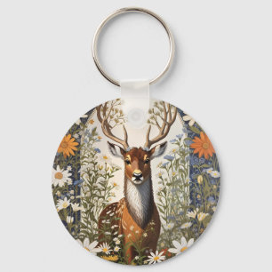 Deer Amid Daisy Flowers  Key Ring