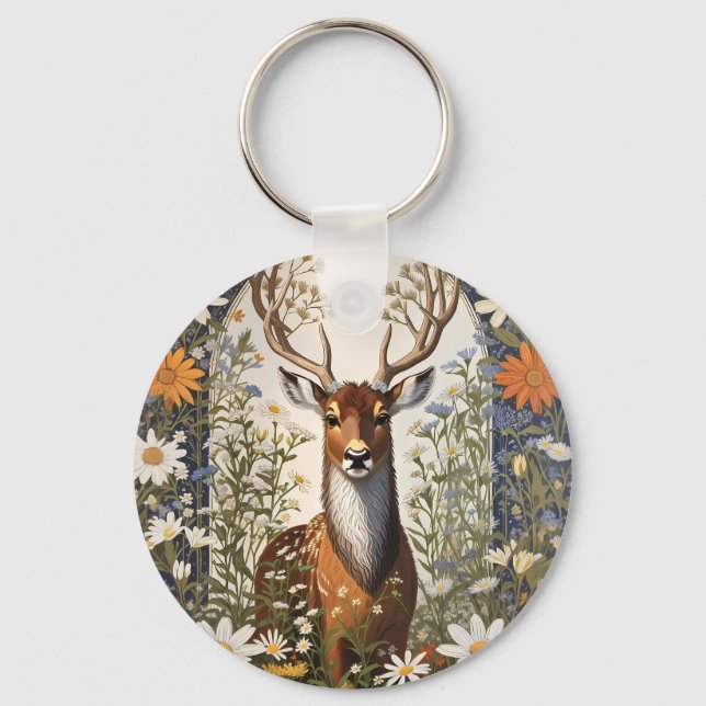 Deer Amid Daisy Flowers  Key Ring (Front)