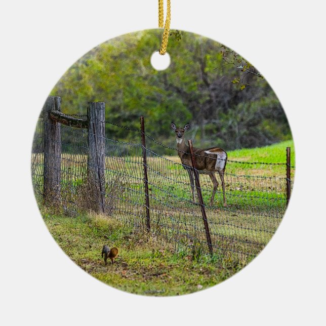 Deer And A Squirrel Painterly Ceramic Tree Decoration (Front)