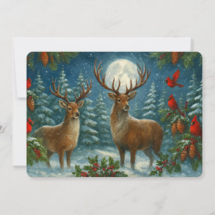 Deer And Cardinals On A Moon-lit Night Christmas Holiday Card
