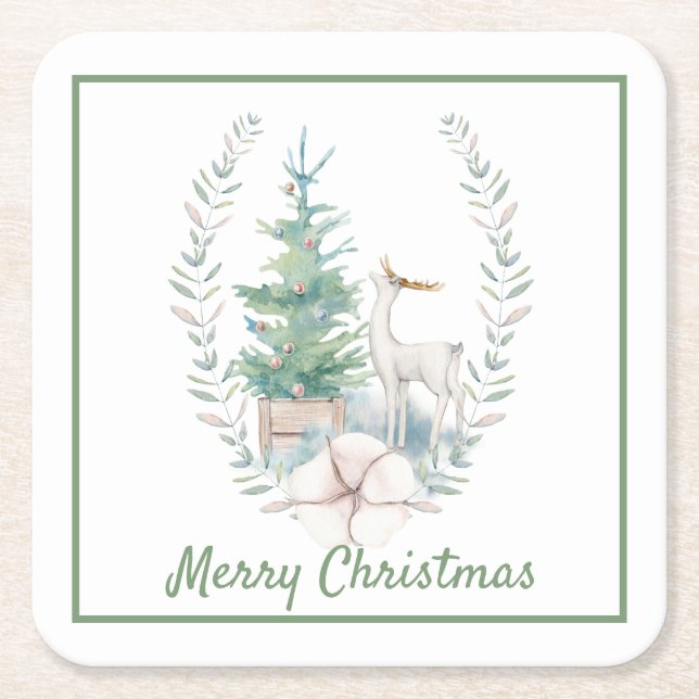 Deer and Christmas Tree Holiday Square Paper Coaster (Front)