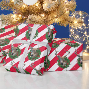 Deer and Christmas Wreath In Snowflakes Wrapping Paper