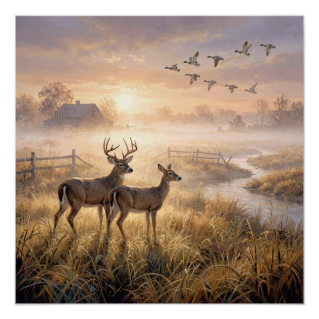Deer and Ducks in Morning Mist Poster (Front)