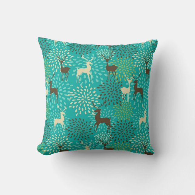 Deer and Flower Pattern - Aqua and Brown Winter Cushion (Front)