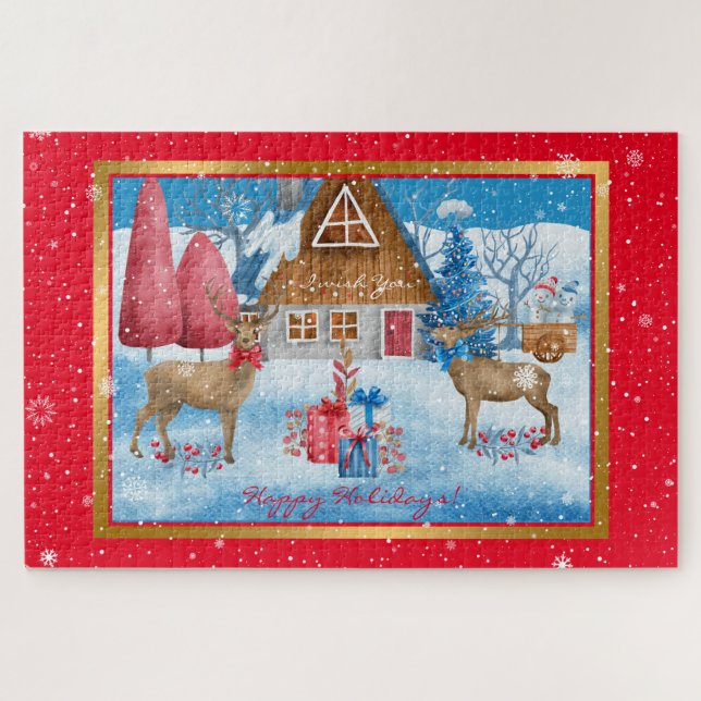 Deer and Gifts on Holiday Evening Customise Jigsaw Puzzle (Horizontal)