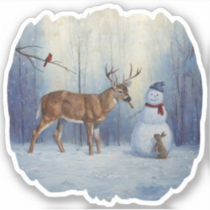 Deer and Happy Snowman Winter Holiday Scene