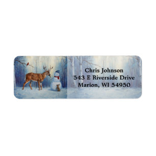 Deer and Happy Snowman Winter Holiday Scene