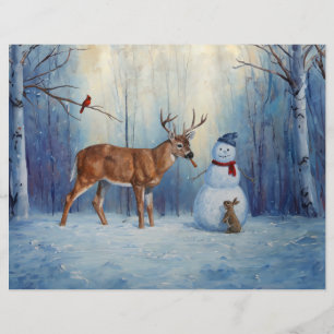 Deer and Happy Snowman Winter Holiday Scene