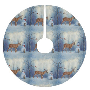 Deer and Happy Snowman Winter Holiday Scene Brushed Polyester Tree Skirt