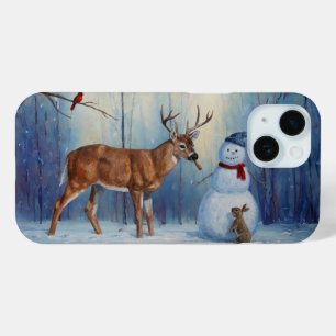 Deer and Happy Snowman Winter Holiday Scene iPhone 15 Case