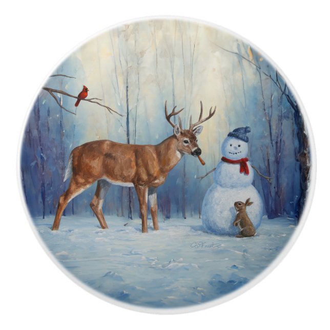 Deer and Happy Snowman Winter Holiday Scene Ceramic Knob (Front)