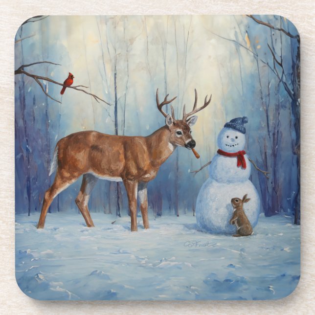 Deer and Happy Snowman Winter Holiday Scene Coaster (Front)
