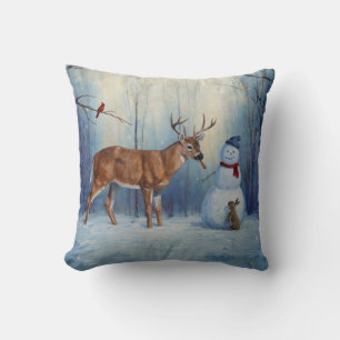 Deer and Happy Snowman Winter Holiday Scene Cushion