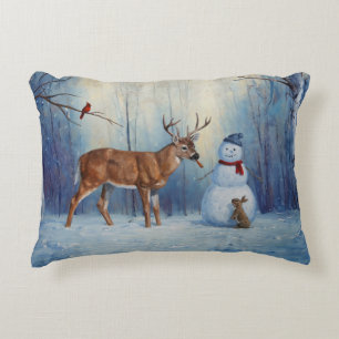 Deer and Happy Snowman Winter Holiday Scene Decorative Cushion