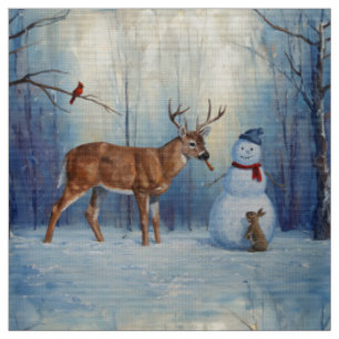 Deer and Happy Snowman Winter Holiday Scene Fabric