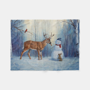 Deer and Happy Snowman Winter Holiday Scene Fleece Blanket