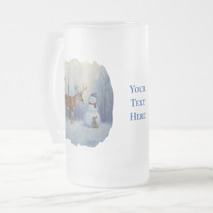 Deer and Happy Snowman Winter Holiday Scene Frosted Glass Beer Mug