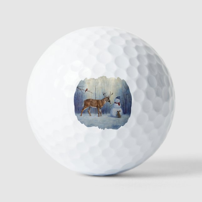Deer and Happy Snowman Winter Holiday Scene Golf Balls (Front)