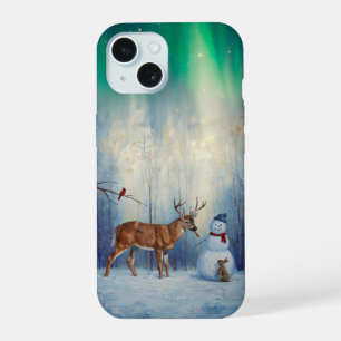 Deer and Happy Snowman Winter Holiday Scene iPhone 15 Case