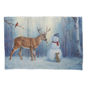 Deer and Happy Snowman Winter Holiday Scene Pillowcase