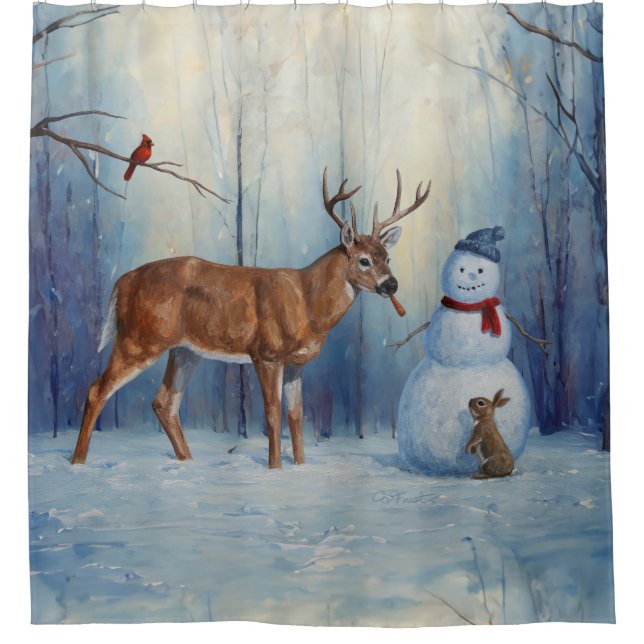 Deer and Happy Snowman Winter Holiday Scene Shower Curtain (Front)