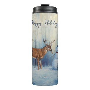 Deer and Happy Snowman Winter Holiday Scene Thermal Tumbler