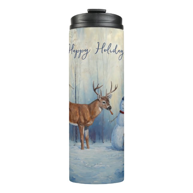 Deer and Happy Snowman Winter Holiday Scene Thermal Tumbler (Front)