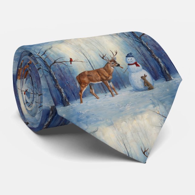 Deer and Happy Snowman Winter Holiday Scene Tie (Rolled)