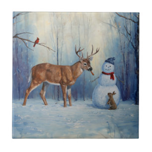 Deer and Happy Snowman Winter Holiday Scene Tile