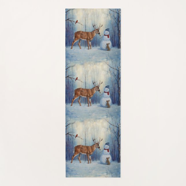 Deer and Happy Snowman Winter Holiday Scene Yoga Mat (Front)