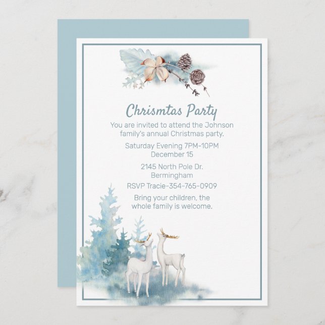 Deer and Pastel Foliage Christmas Party Invitation (Front/Back)