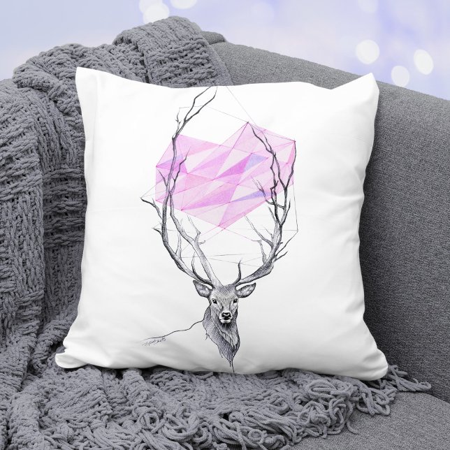 Deer and pink geometric heart drawing Animal art Cushion (Creator Uploaded)