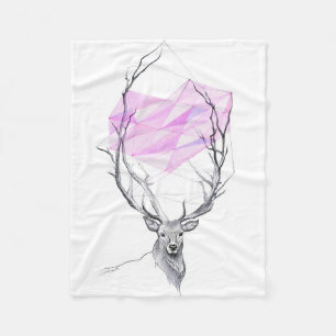 Deer and pink geometric heart drawing Animal art Fleece Blanket