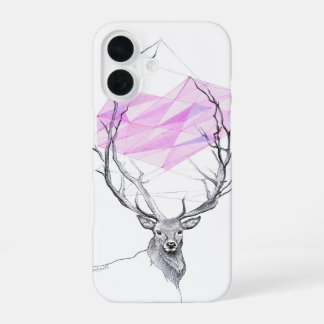Deer and pink geometric heart drawing Animal art iPhone 16 Case