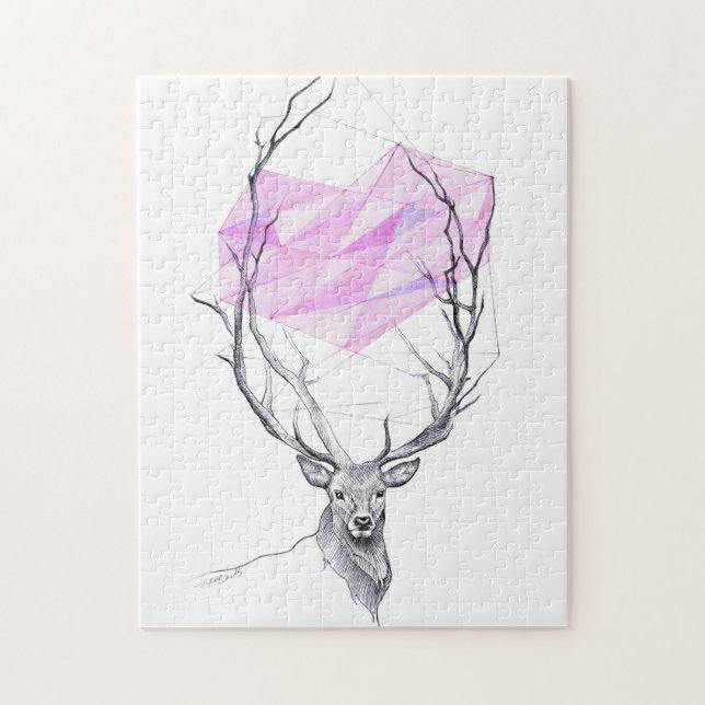 Deer and pink geometric heart drawing Animal art Jigsaw Puzzle (Vertical)